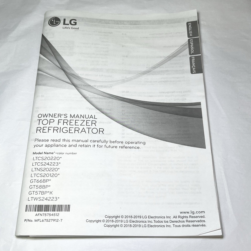 Used Owner's Manual for‎ LG Top Freezer Refrigerator LTCS20220 GT66BP LTNS LTWS